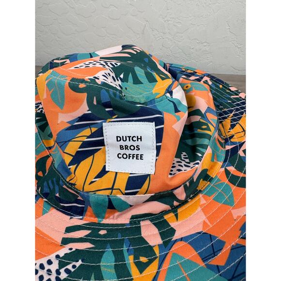 Dutch Bros (Brother) Hawaiian Print Orange Blue Unisex Bucket Hat- One Size- EUC - Picture 2 of 4